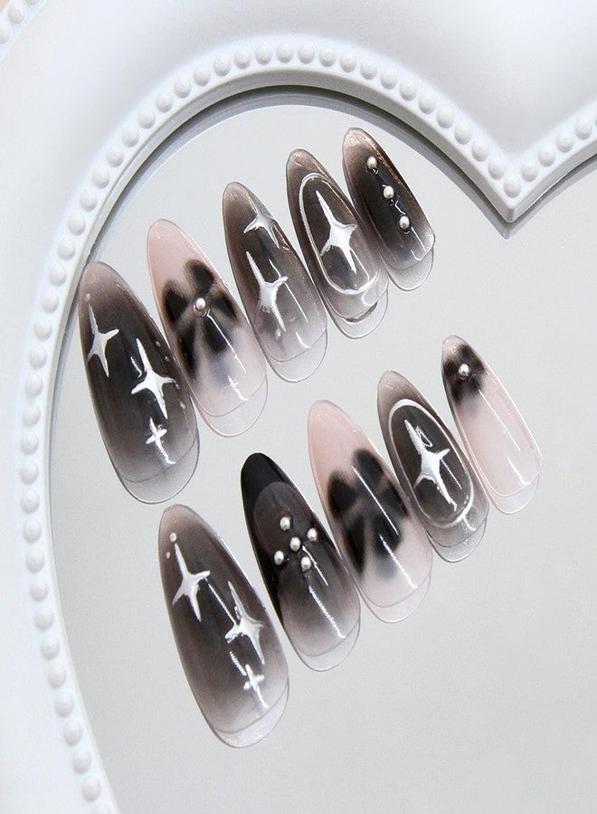 KRTBKR 24Pcs Black Press on Nails Medium Almond Fake Nails Black Flower with Silver Star Full Cover Glue on Nails Reusable Acrylic Star False Nails Glossy Stick on Nails for Women Girls Manicure Salon Kits - Image 4